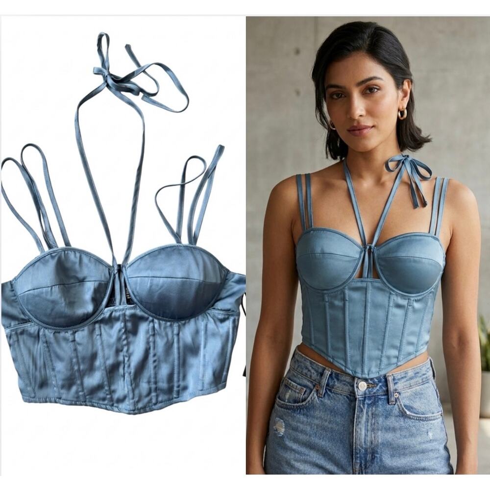 Japna Blue Satin Corset Crop Top Halter Neck Size Small NWT